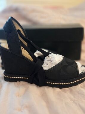 Coach Page Signature Black Logo Espadrille Wedge Sandals with Tie-Strap